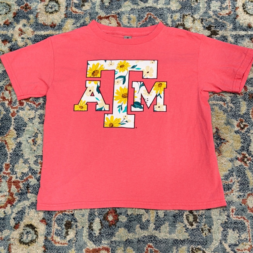 Gildan Texas A&M T-Shirt Girls Small Coral Floral Sunflowers Gameday EUC